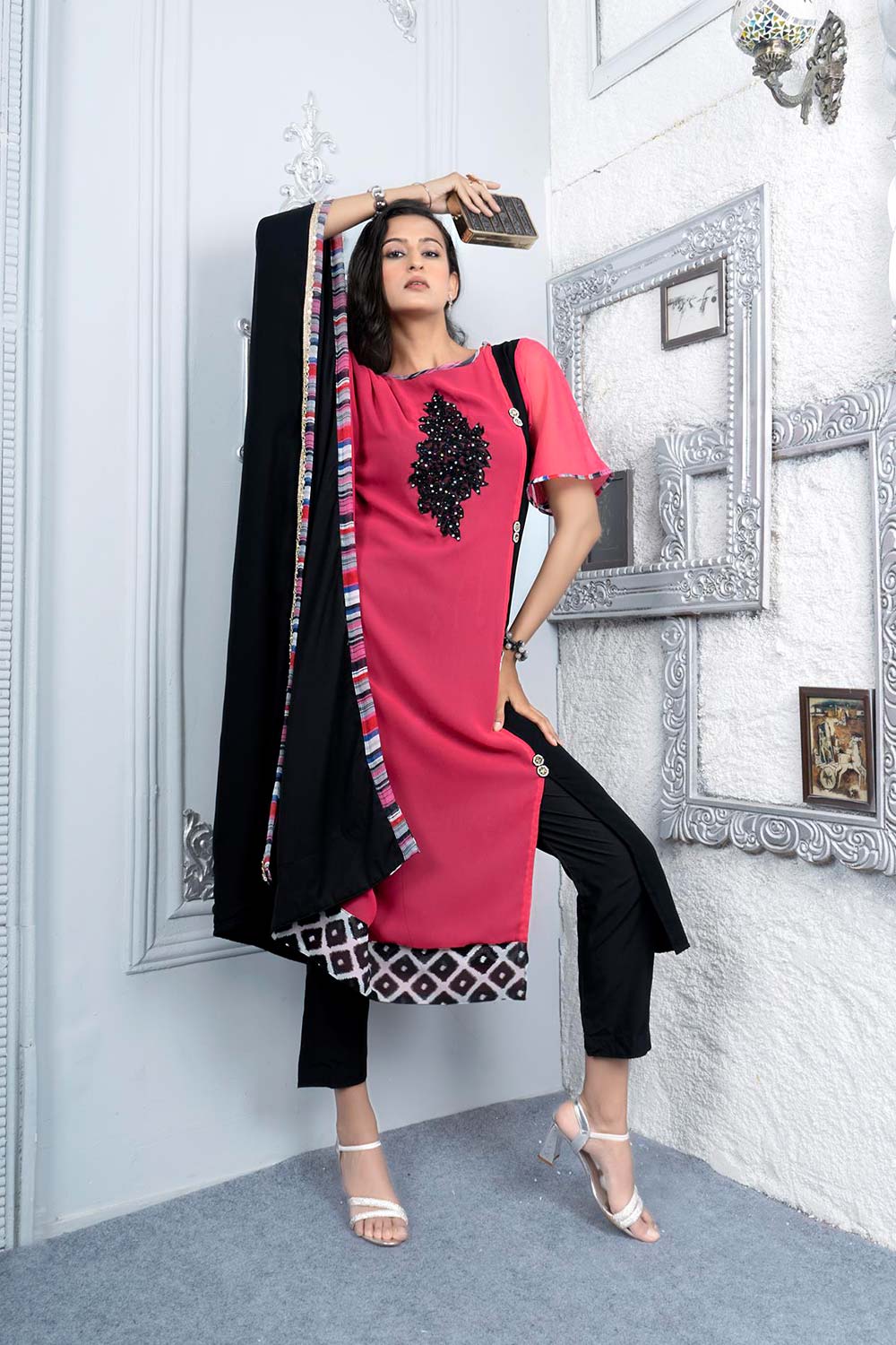 Pink Embroidered Georgette Asymmetrical Kurti Pant Set