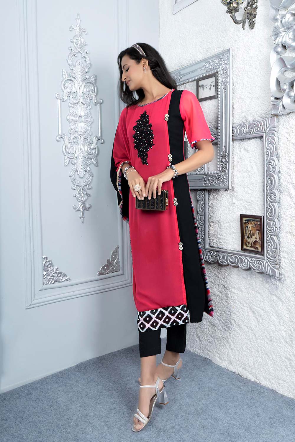 Pink Embroidered Georgette Asymmetrical Kurti Pant Set