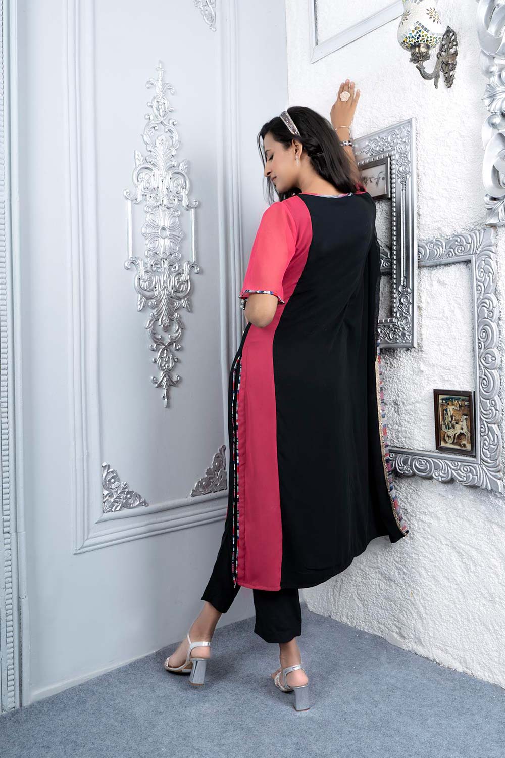 Pink Embroidered Georgette Asymmetrical Kurta Pants Set