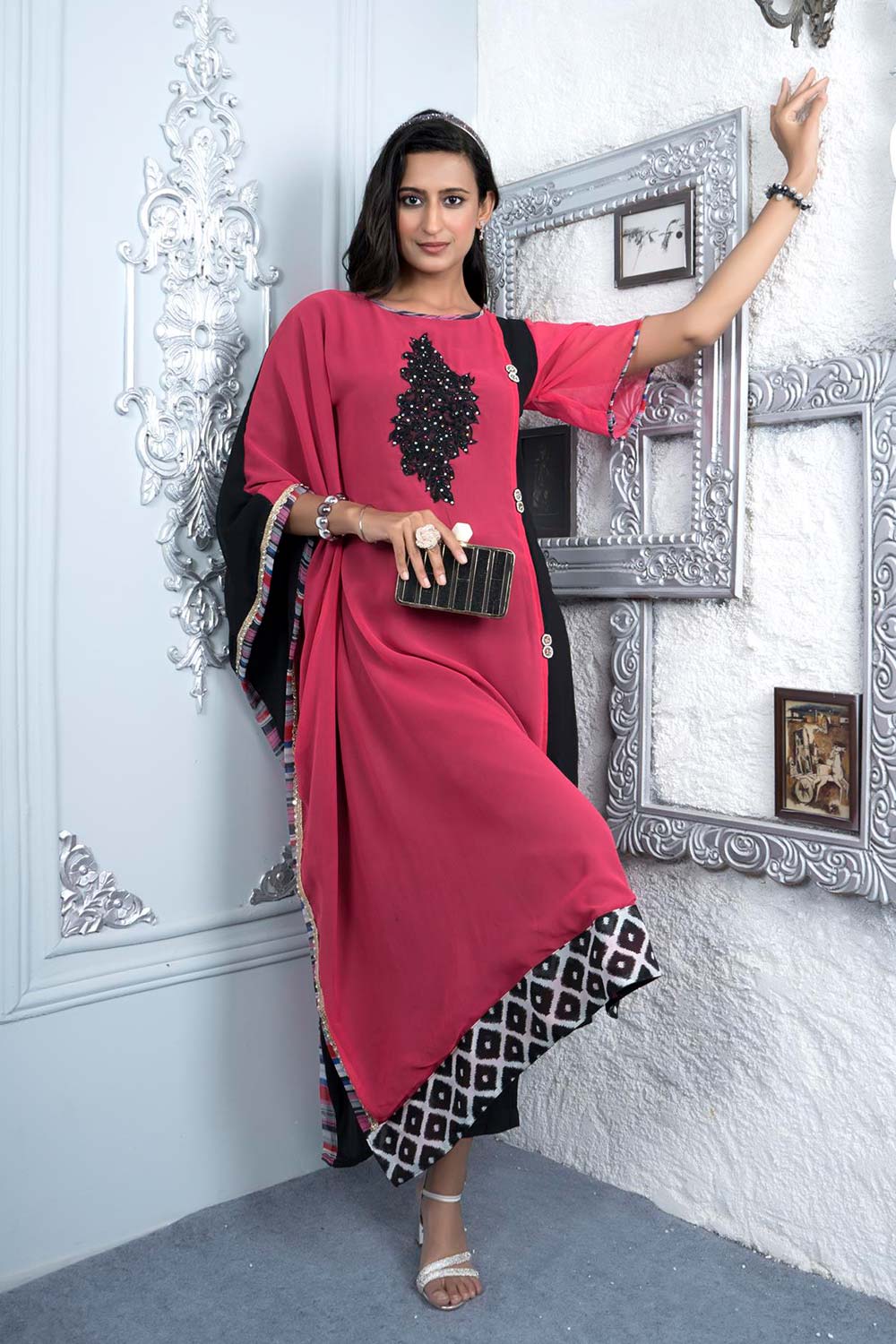 Pink Embroidered Georgette Asymmetrical Kurti Pant Set