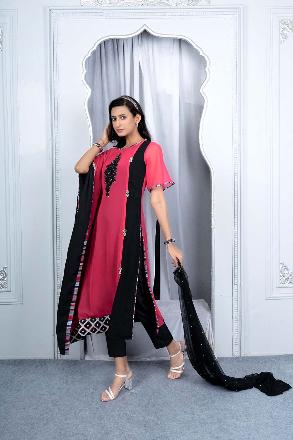 Pink Georgette Stitched Asymmetrical Trouser Kurti Dupatta Readymade Suits