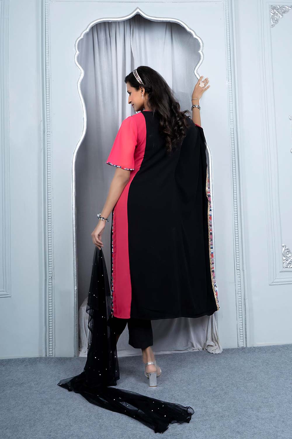 Pink Georgette Stitched Asymmetrical Trouser Kurti Dupatta Readymade Suits