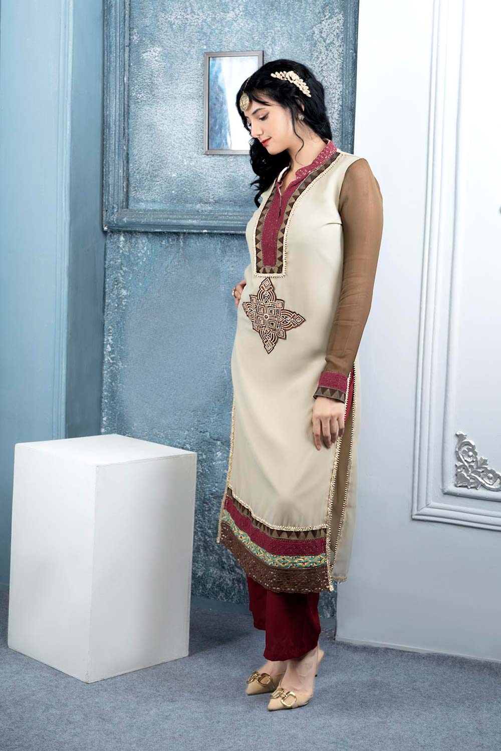 Beige Embroidered Georgette Straight Cut Kurti Palazzo Set