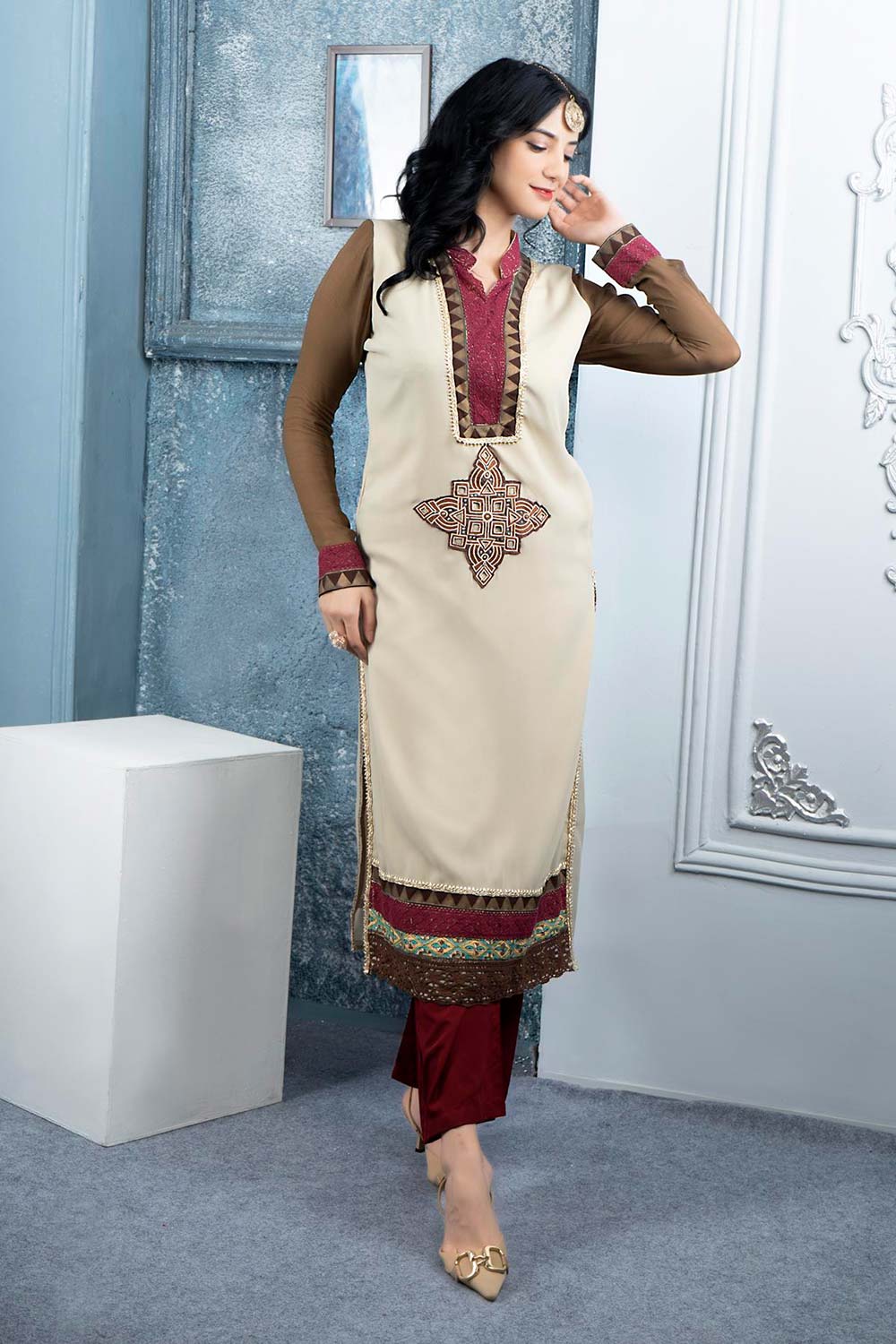 Beige Embroidered Georgette Straight Cut Kurta Palazzo Set