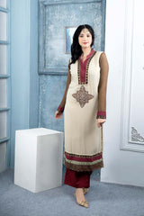 Beige Embroidered Georgette Straight Cut Kurti Palazzo Set