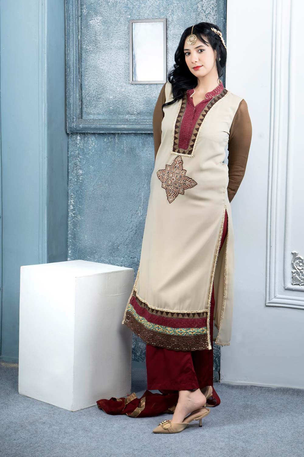 Beige Embroidered Georgette Stitched Palazzo Kurta With Dupatta