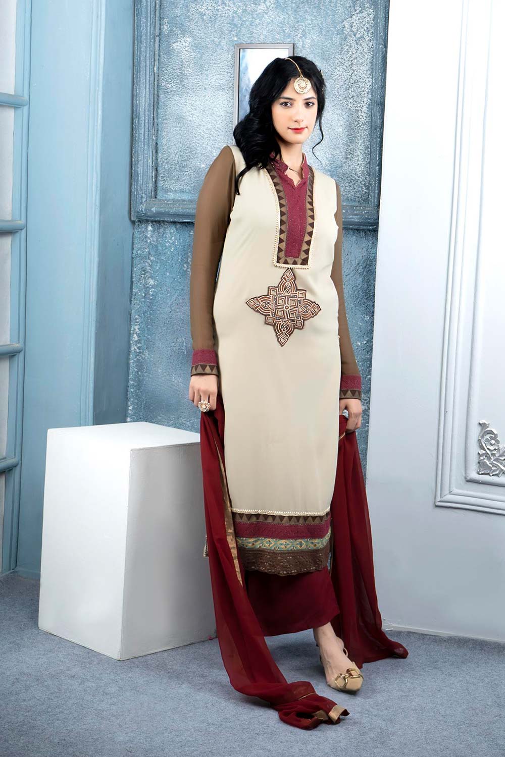 Beige Embroidered Georgette Stitched Palazzo Kurta With Dupatta