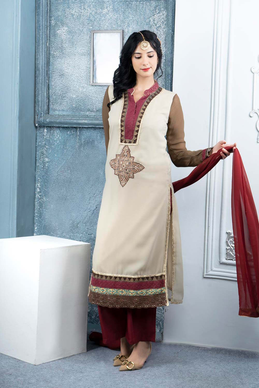 Beige Embroidered Georgette Stitched Palazzo Kurti With Dupatta