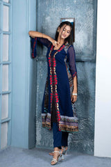 Blue Embroidered Georgette Anarkali Kurti Pant Set