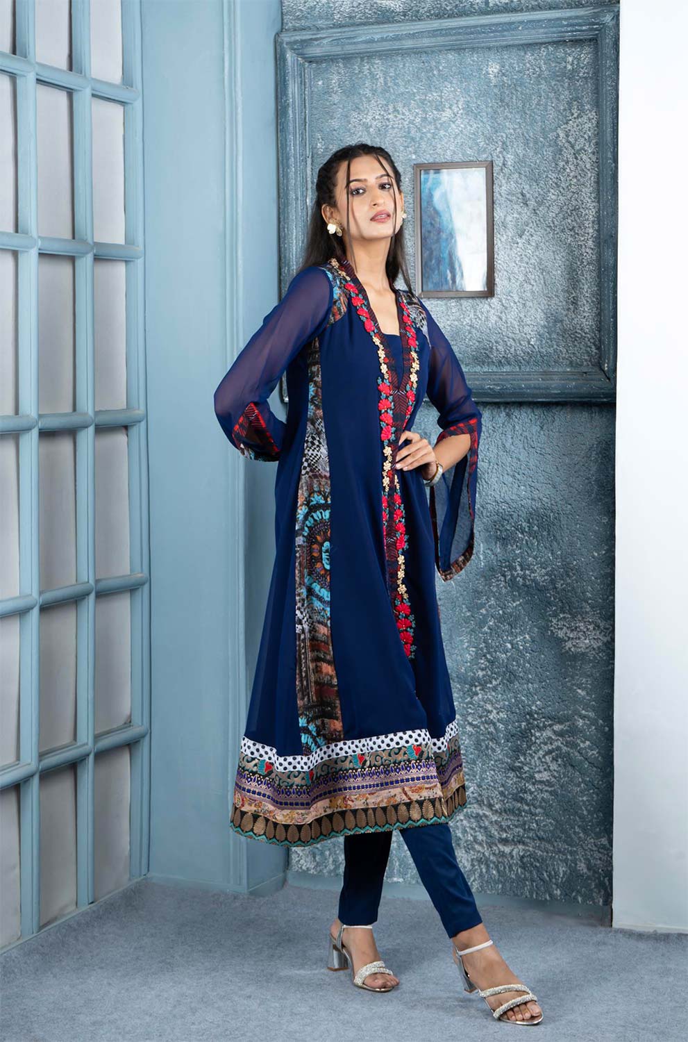 Blue Embroidered Georgette Anarkali Kurta Pants Set