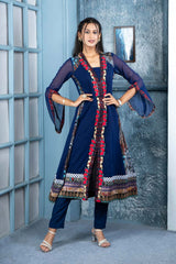 Blue Embroidered Georgette Anarkali Kurti Pant Set