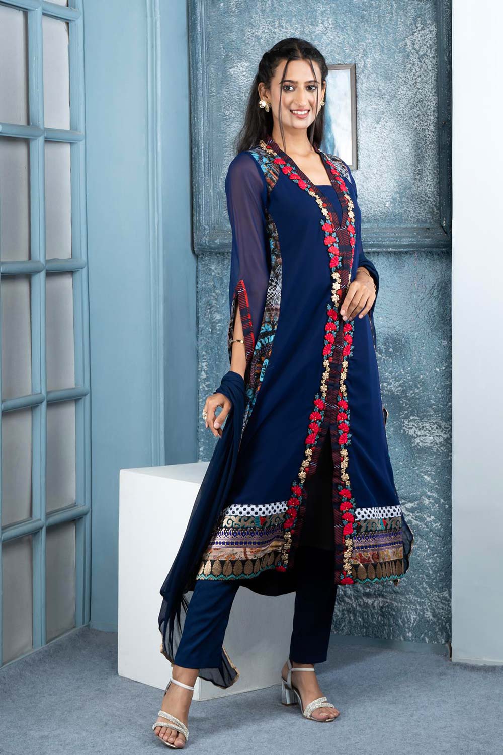 Blue Embroidered Georgette Stitched Trouser Kurti With Dupatta