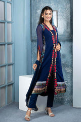 Blue Embroidered Georgette Stitched Trouser Kurta With Dupatta