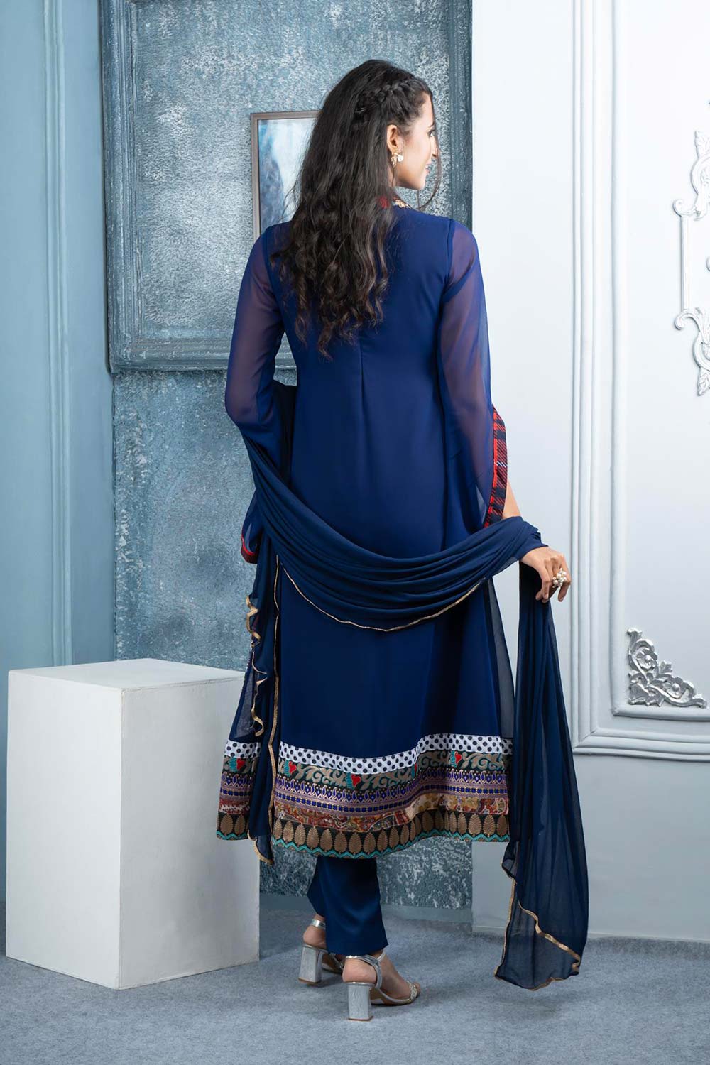 Blue Embroidered Georgette Stitched Trouser Kurta With Dupatta