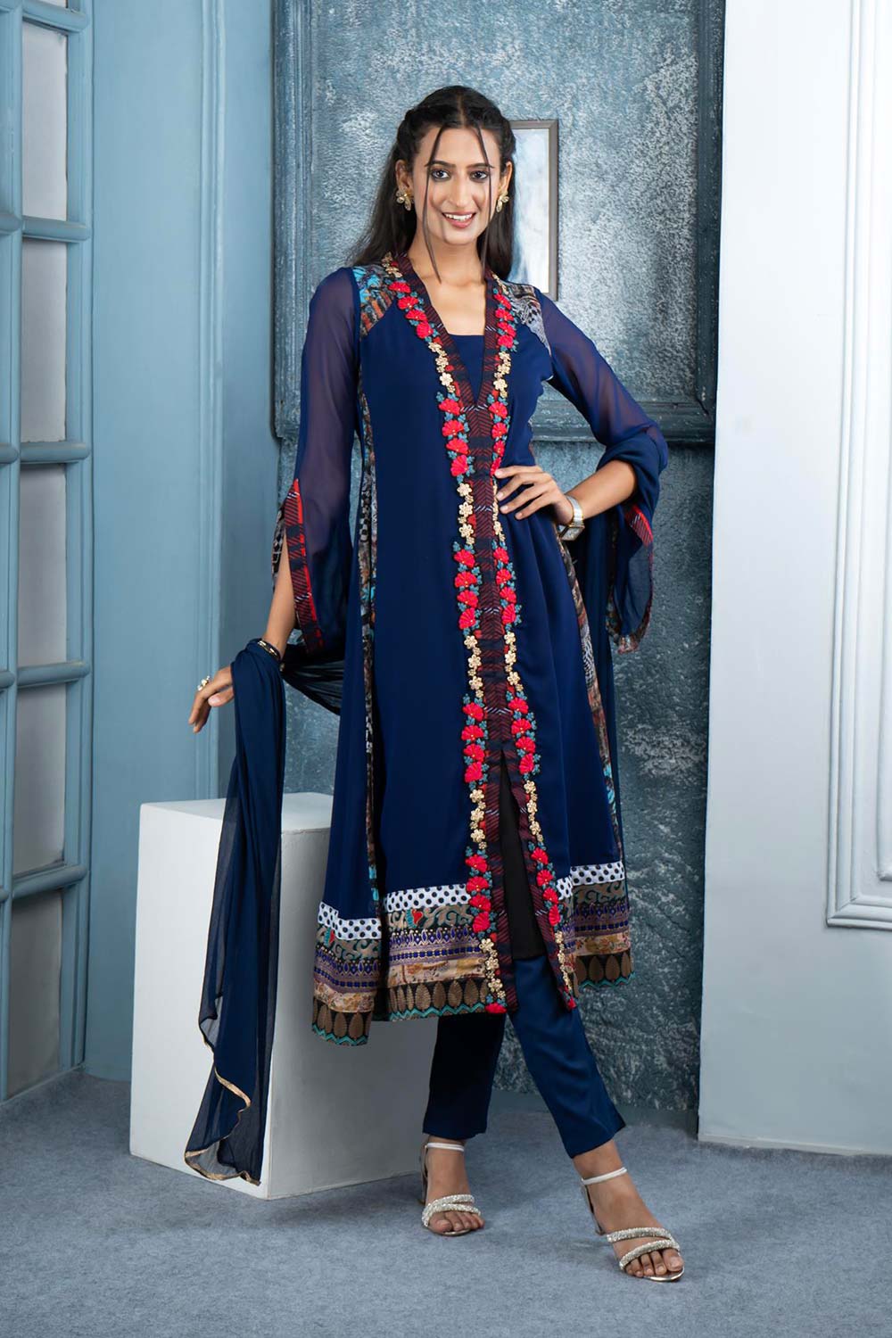 Blue Embroidered Georgette Stitched Trouser Kurta With Dupatta