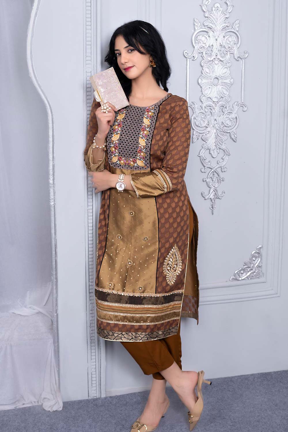 Brown Embroidered Silk Straight Cut Kurta Pants Set