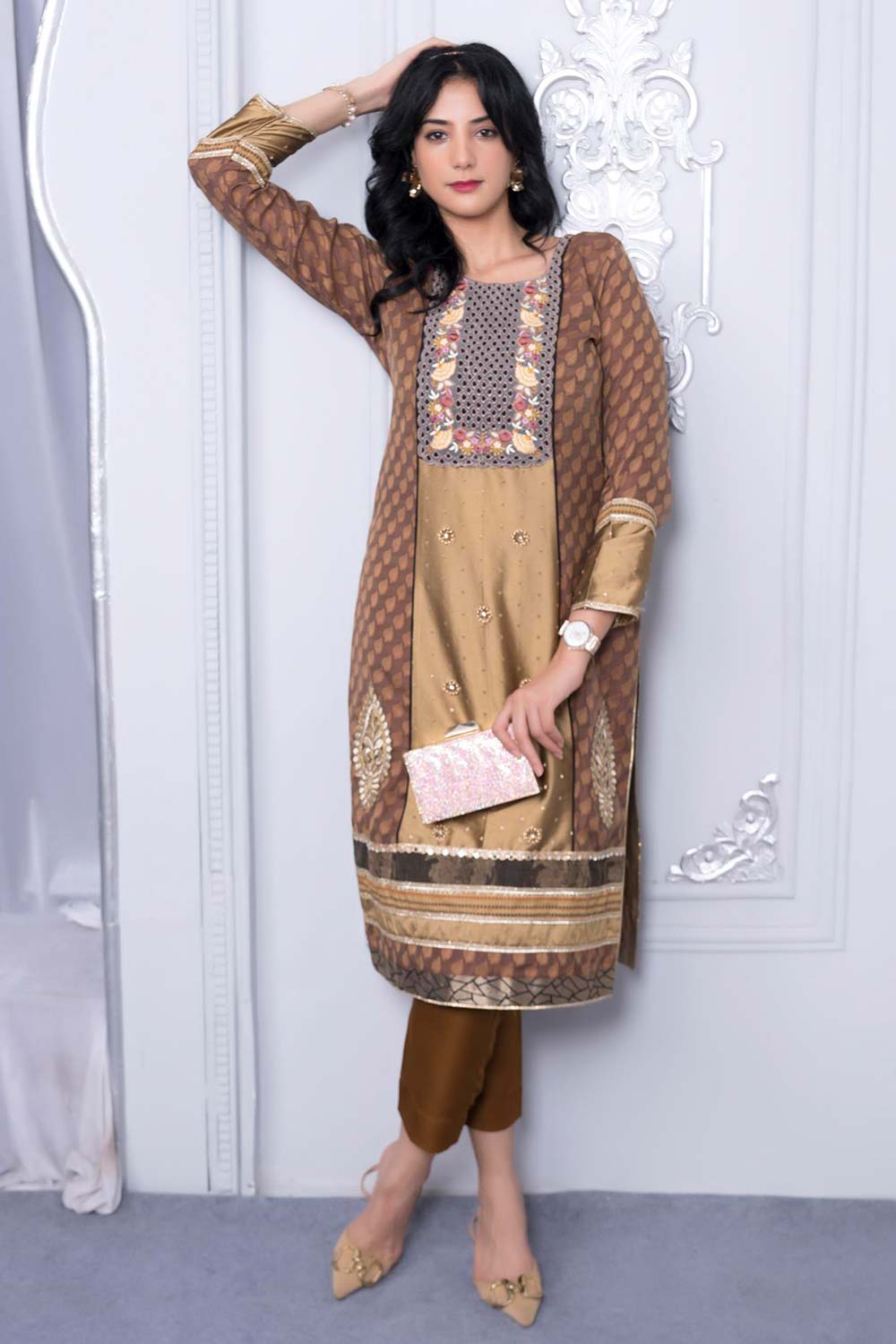 Brown Embroidered Silk Straight Cut Kurti Pant Set