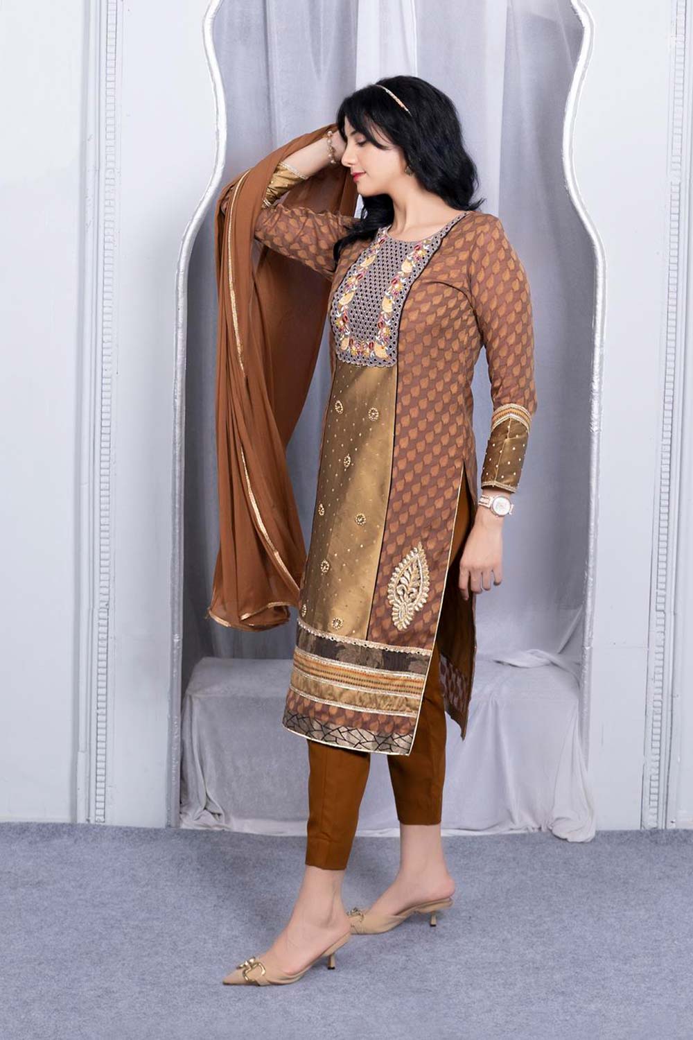 Brown Embroidered Silk Stitched Trouser Kurta With Dupatta