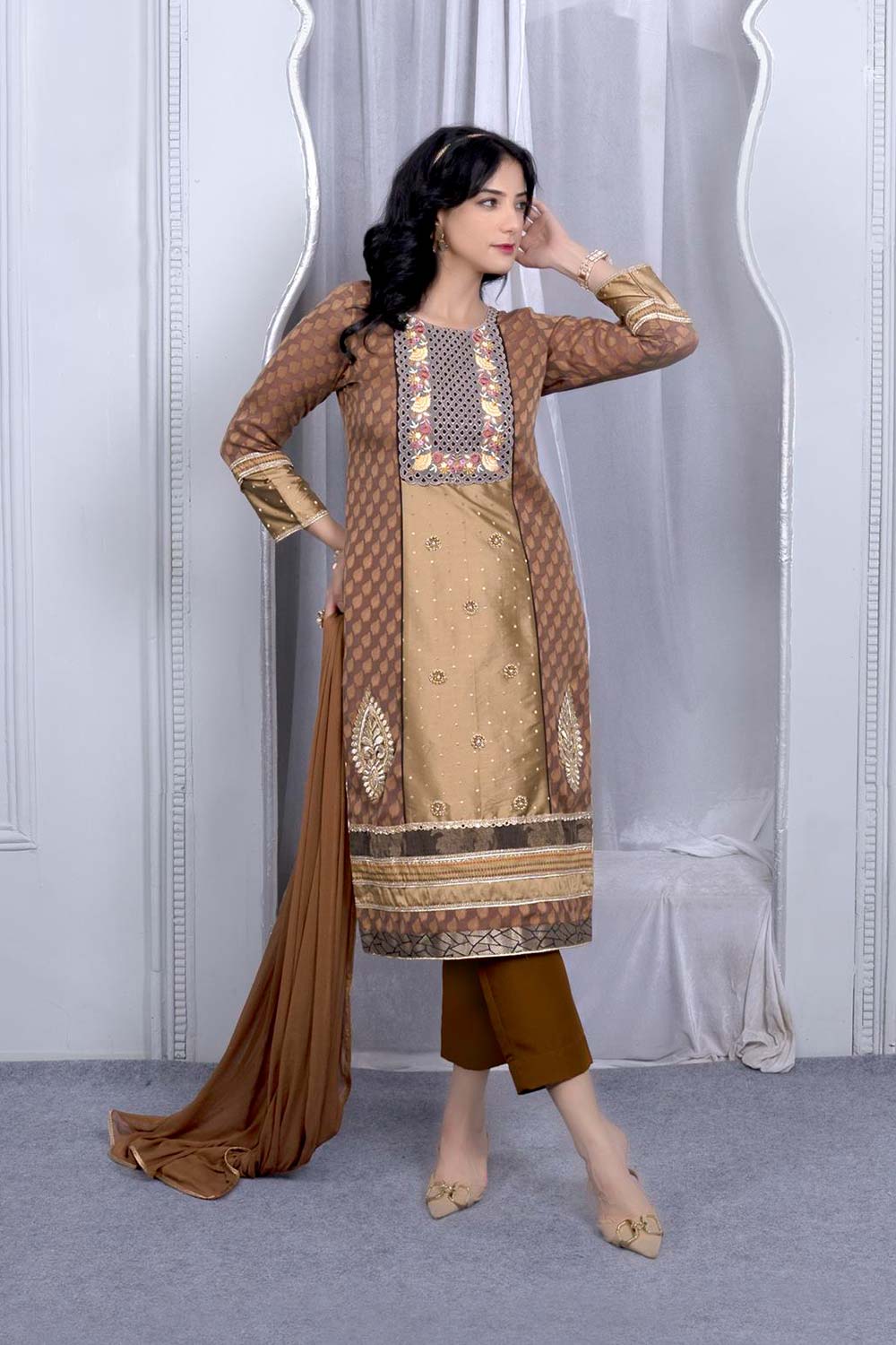 Brown Embroidered Silk Stitched Trouser Kurti With Dupatta