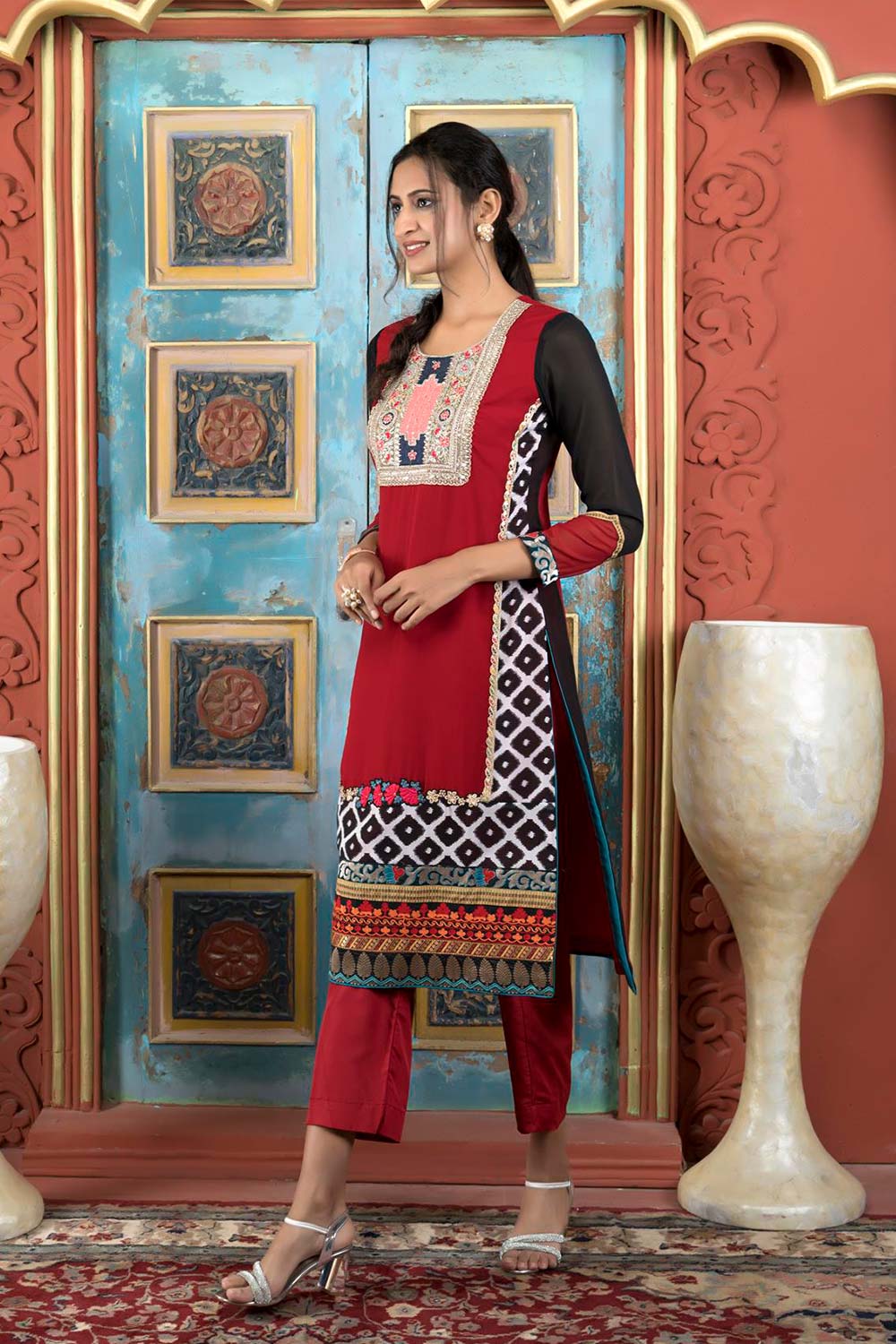 Maroon Embroidered Georgette Straight Cut Kurta