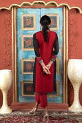 Maroon Embroidered Georgette Straight Cut Kurta