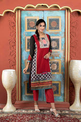 Maroon Embroidered Georgette Straight Cut Kurti Pant Set