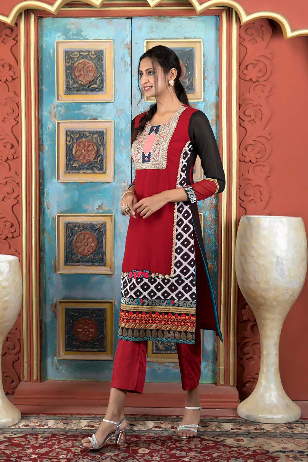 Maroon Embroidered Georgette Straight Cut Kurta Pants Set