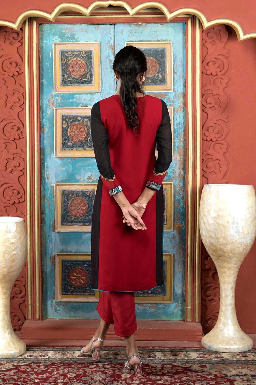 Maroon Embroidered Georgette Straight Cut Kurti Pant Set