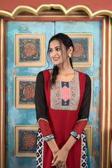 Maroon Embroidered Georgette Straight Cut Kurti Pant Set