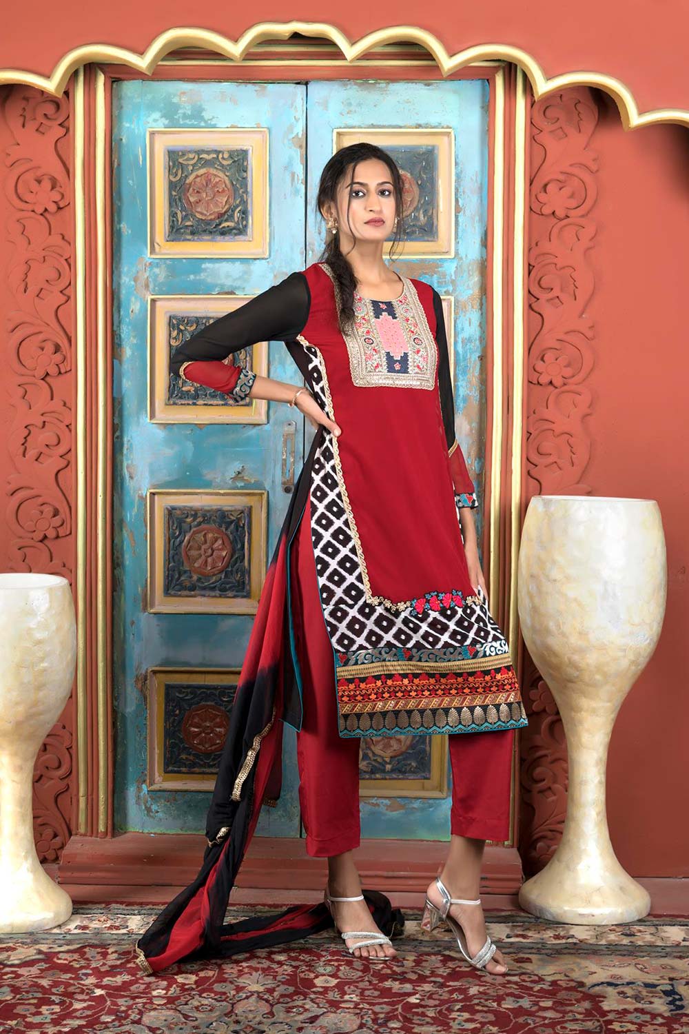 Maroon Georgette Stitched Straight Cut Trouser Kurti Dupatta Readymade Suits