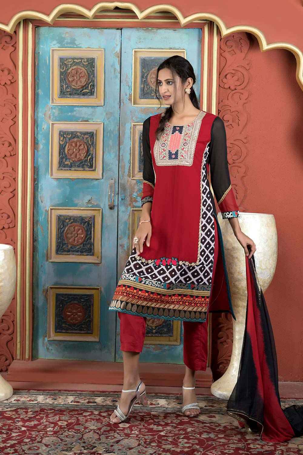 Maroon Georgette Stitched Straight Cut Trouser Kurti Dupatta Readymade Suits