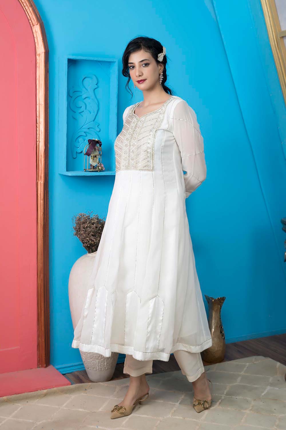 Off-White Embroidered Georgette Anarkali Kurta Pants Set