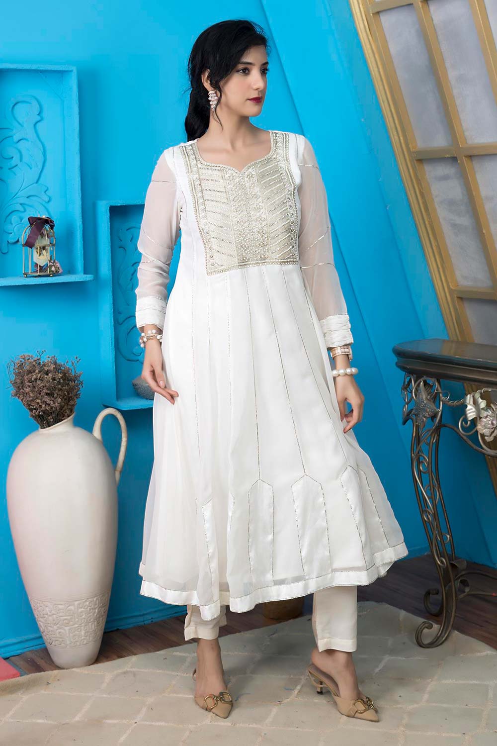 Off-White Embroidered Georgette Anarkali Kurta Pants Set