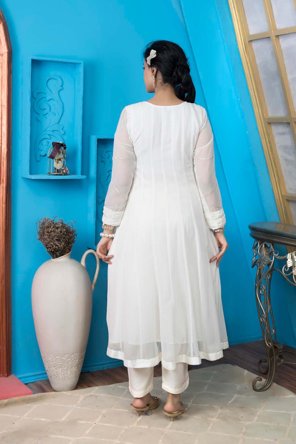 Off-White Embroidered Georgette Anarkali Kurti Pant Set