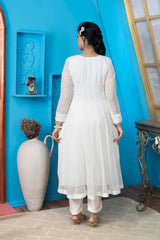 Off-White Embroidered Georgette Anarkali Kurta Pants Set