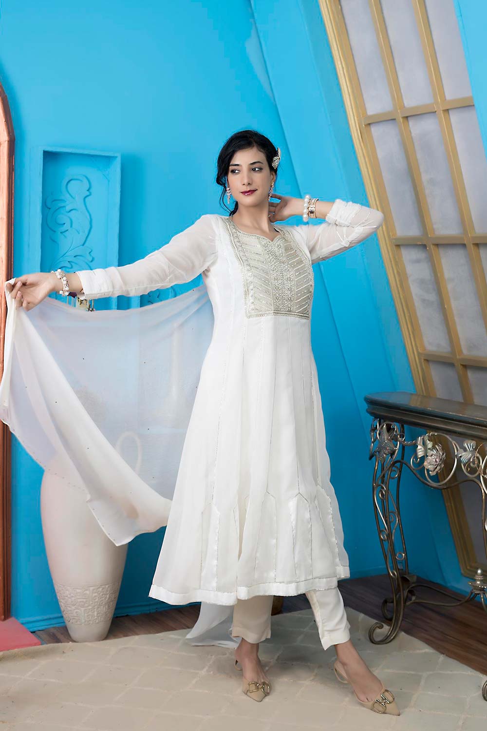 Off White Georgette Stitched Anarkali Trouser Kurti Dupatta Readymade Suits