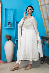 Off White Georgette Stitched Anarkali Trouser Kurta Dupatta Readymade Suits