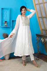 Off White Georgette Stitched Anarkali Trouser Kurti Dupatta Readymade Suits