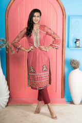 Pink Embroidered Net Straight Cut Kurta