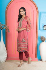 Pink Embroidered Net Straight Cut Kurta