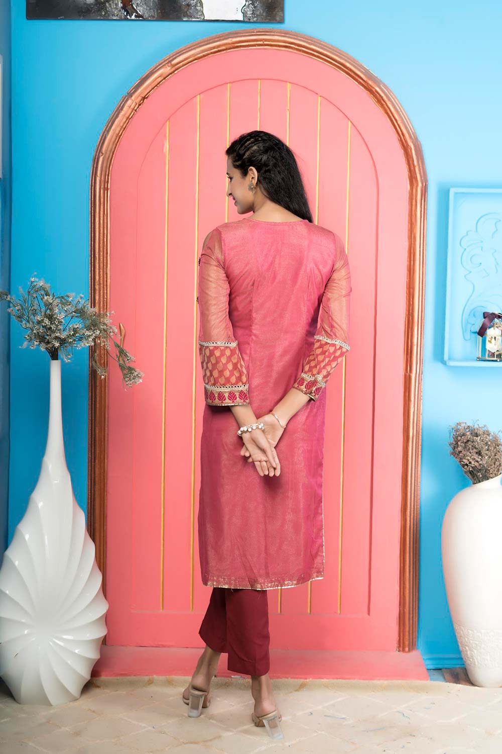 Pink Embroidered Net Straight Cut Kurta