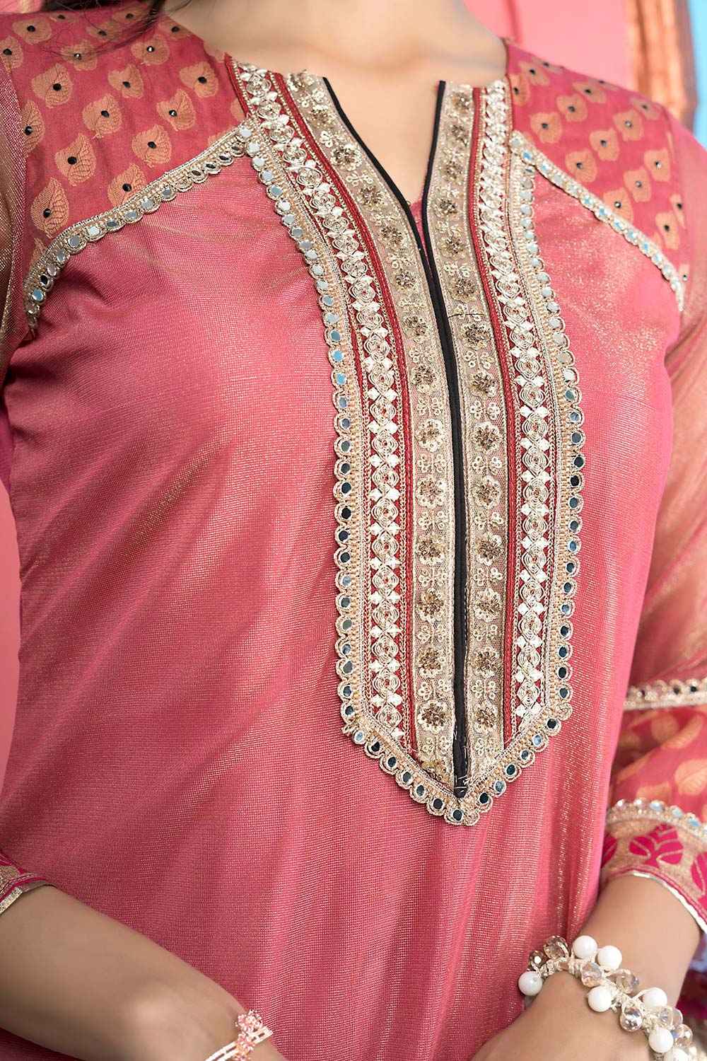 Pink Embroidered Net Straight Cut Kurta