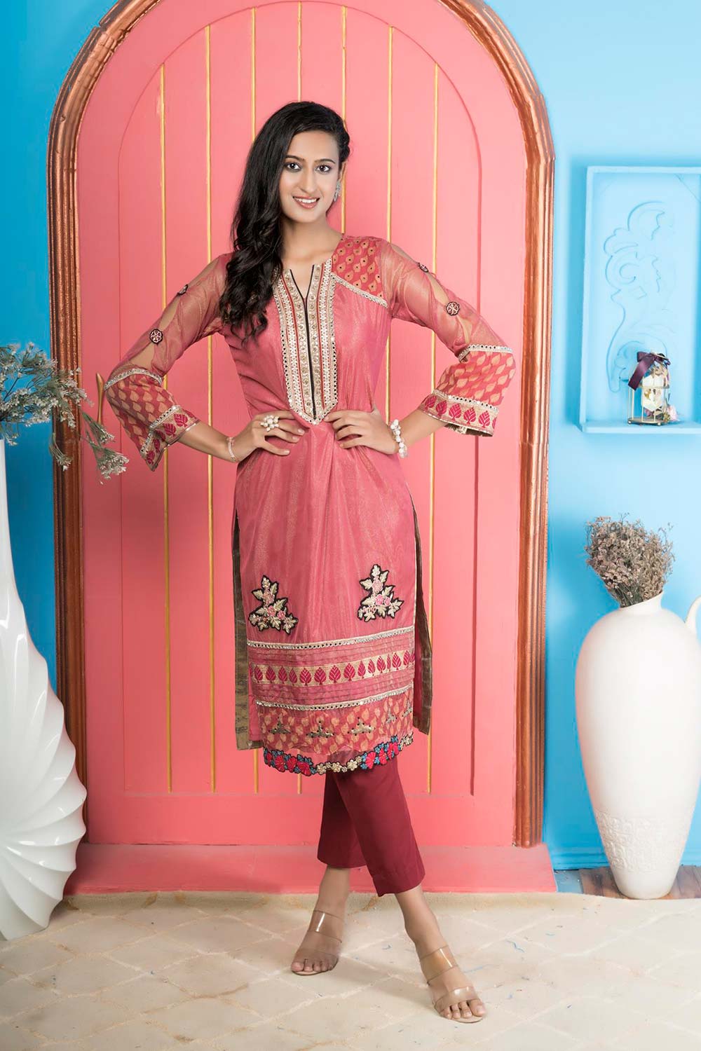 Pink Embroidered Net Straight Cut Kurti Pant Set