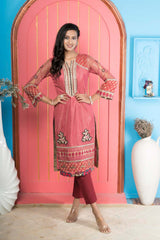 Pink Embroidered Net Straight Cut Kurta Pants Set