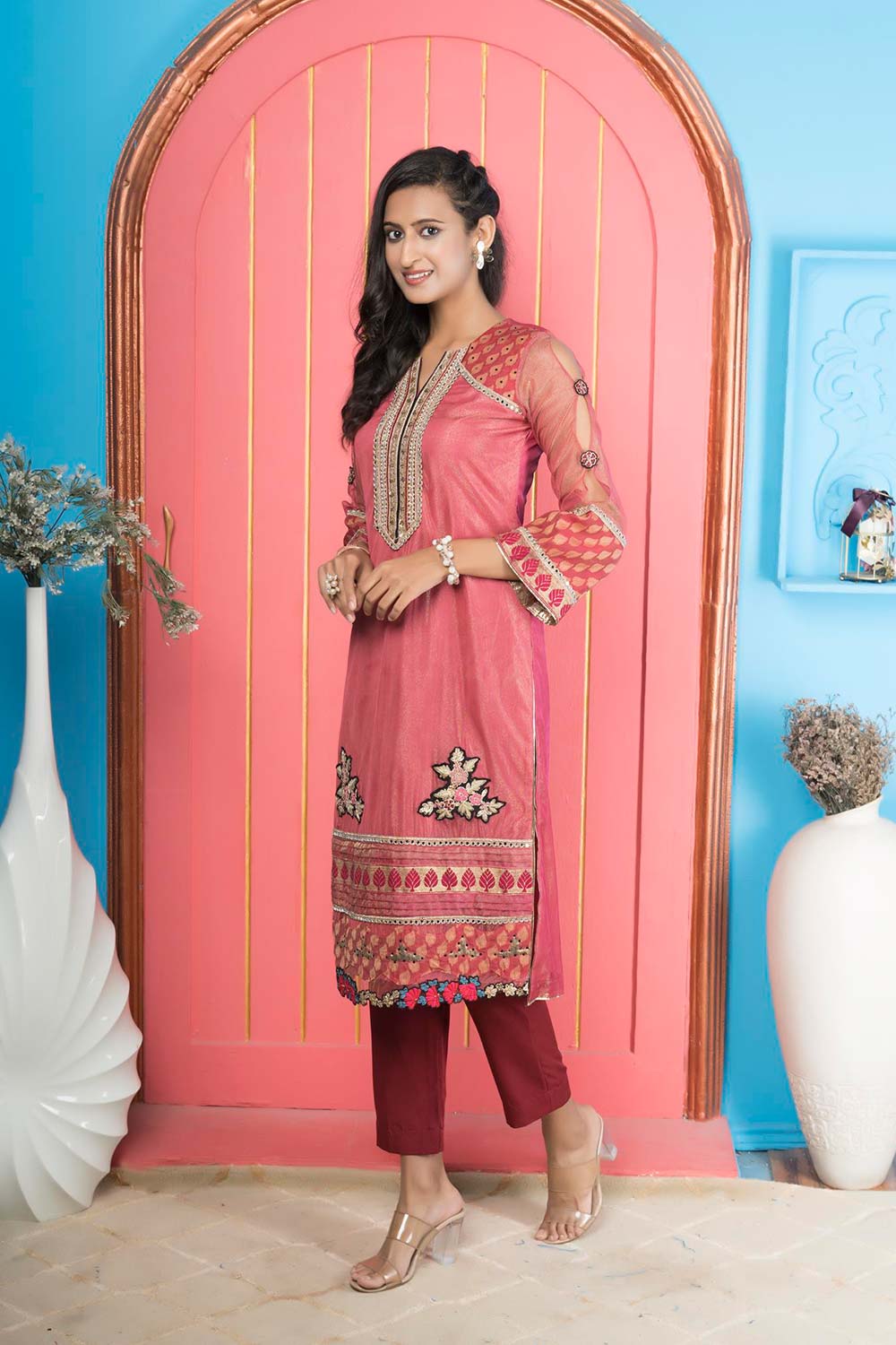 Pink Embroidered Net Straight Cut Kurta Pants Set