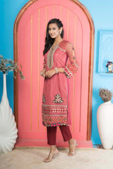 Pink Embroidered Net Straight Cut Kurti Pant Set