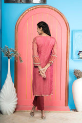 Pink Embroidered Net Straight Cut Kurta Pants Set