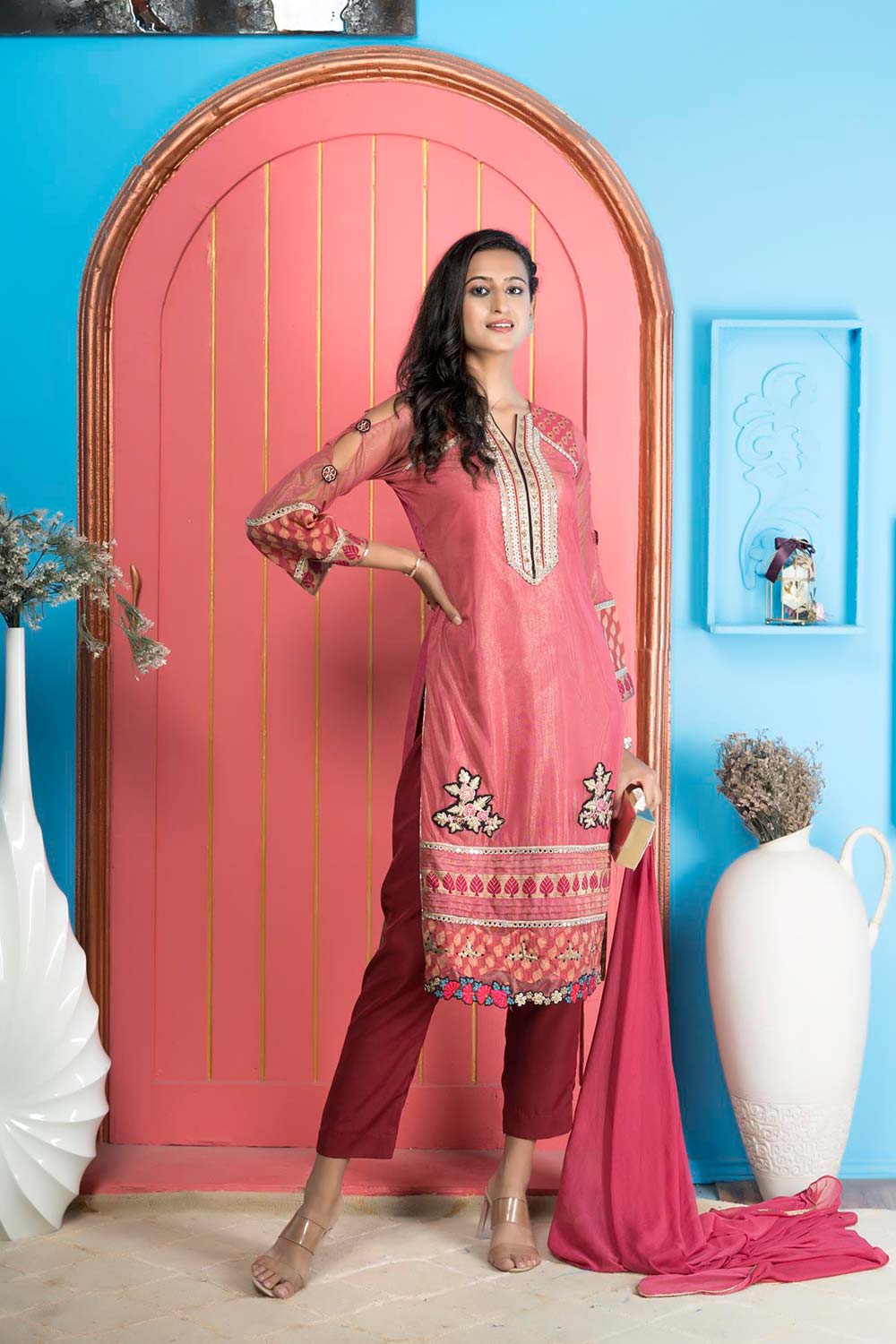 Pink Net Stitched Straight Cut Trouser Kurti Dupatta Readymade Suits