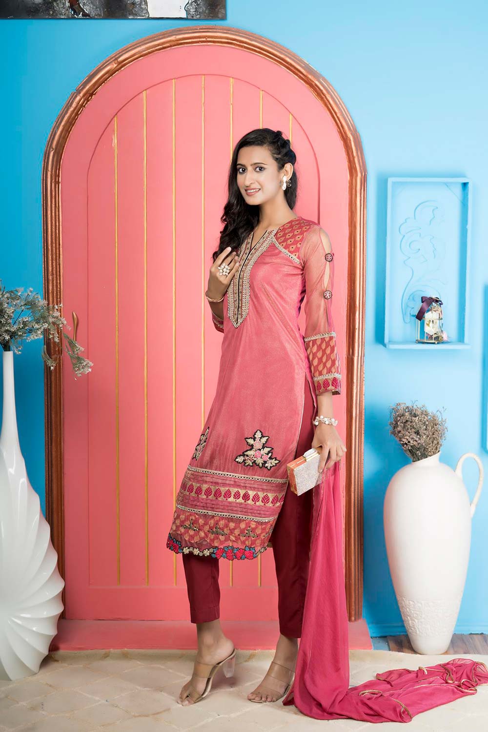 Pink Net Stitched Straight Cut Trouser Kurti Dupatta Readymade Suits