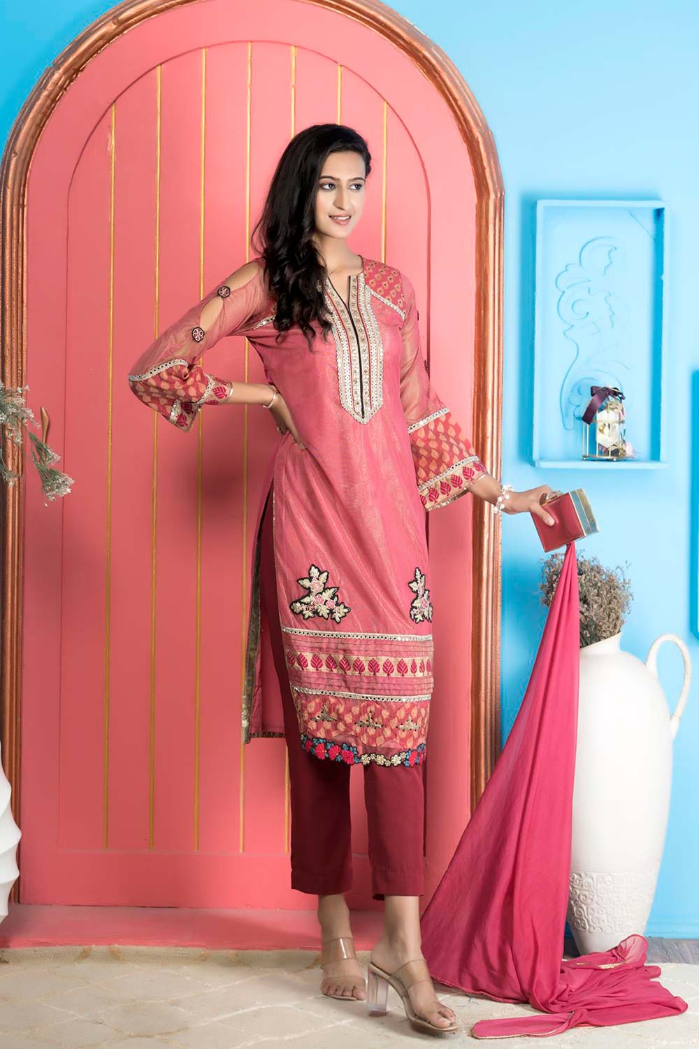 Pink Net Stitched Straight Cut Trouser Kurti Dupatta Readymade Suits